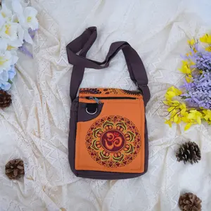 Boho Mini Side Bag, Handmade Cotton Om Crossbody Bag, Unisex Travel Bag, Multi Pocket Bags, Bohemian Hippie Bags, Hand embroidered  Bag