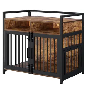GARVEE 48" Large Dog Crate Furniture with Storage Drawers - Heavy Duty Wooden Kennel w/360° Adjustable Feeder, Double Door Chew-Proof Cage, Indoor Dog House, End Table for Large Medium Small Dogs