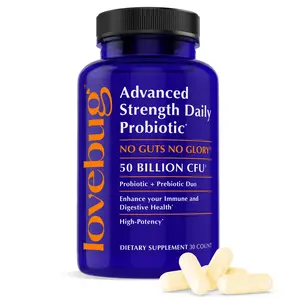 Lovebug Advanced Strength Daily Probiotic | 50 Billion CFU, 10 Strains | Probiotic + Prebiotic Duo | Immune & Digestive Health | 30 or 60 Count