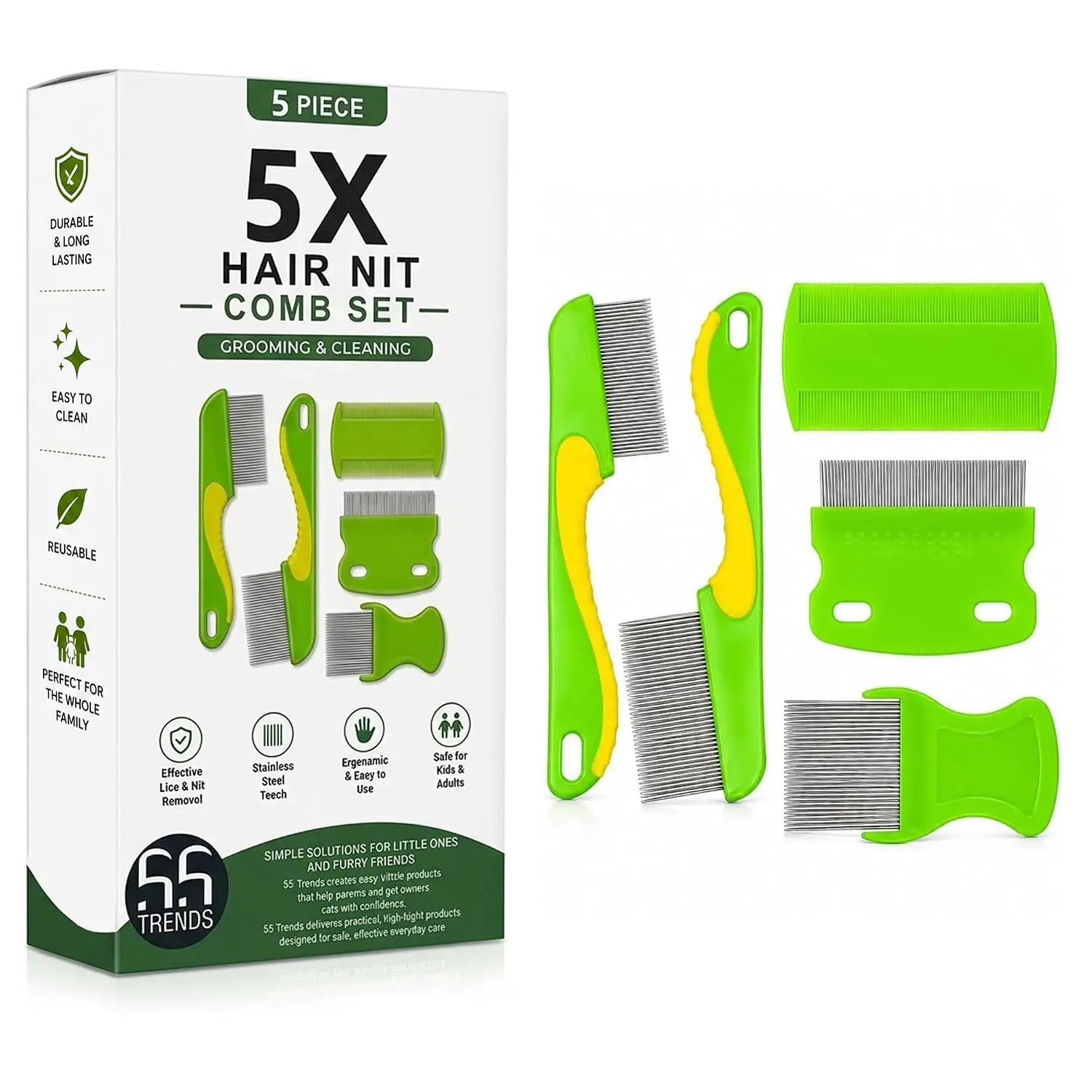 5-Piece Hair Nit Comb Set - Fine-Tooth Metal & Plastic Combs for Kids & Adults, Ideal for Head Lice, Flea Eggs, Dandruff, Grooming & Cleaning