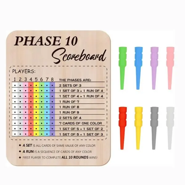 Wooden Phase 10 Score Board with Pegs Card Game Score Keeper Board Family Party Game Accessories Durable Wood Scoreboard Fun Game Night Gift