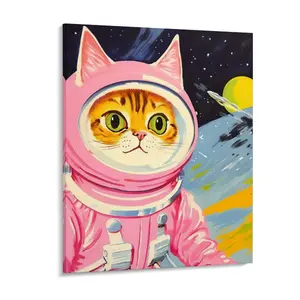 Pink Space Kitty Framed Canvas Wall Art Print, Whimsical Cosmic Cat Decor for Bedroom Living Room Nursery Office, Cute Pet Artwork, Room Wall Decor, Apt Decor, Aesthetic Design,Modern Minimalist Design,Framed Paintings, Canvas Prints, Cat Lovers Gift Idea