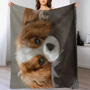 1pc Flannel Throw Blanket - Cavalier King Spaniel Puppy Print, Soft Cozy Lightweight All-Season Dog Blanket Couch, Bed, Sofa |   Brown & White Dog Lover, Washable Contemporary Pet Bedding