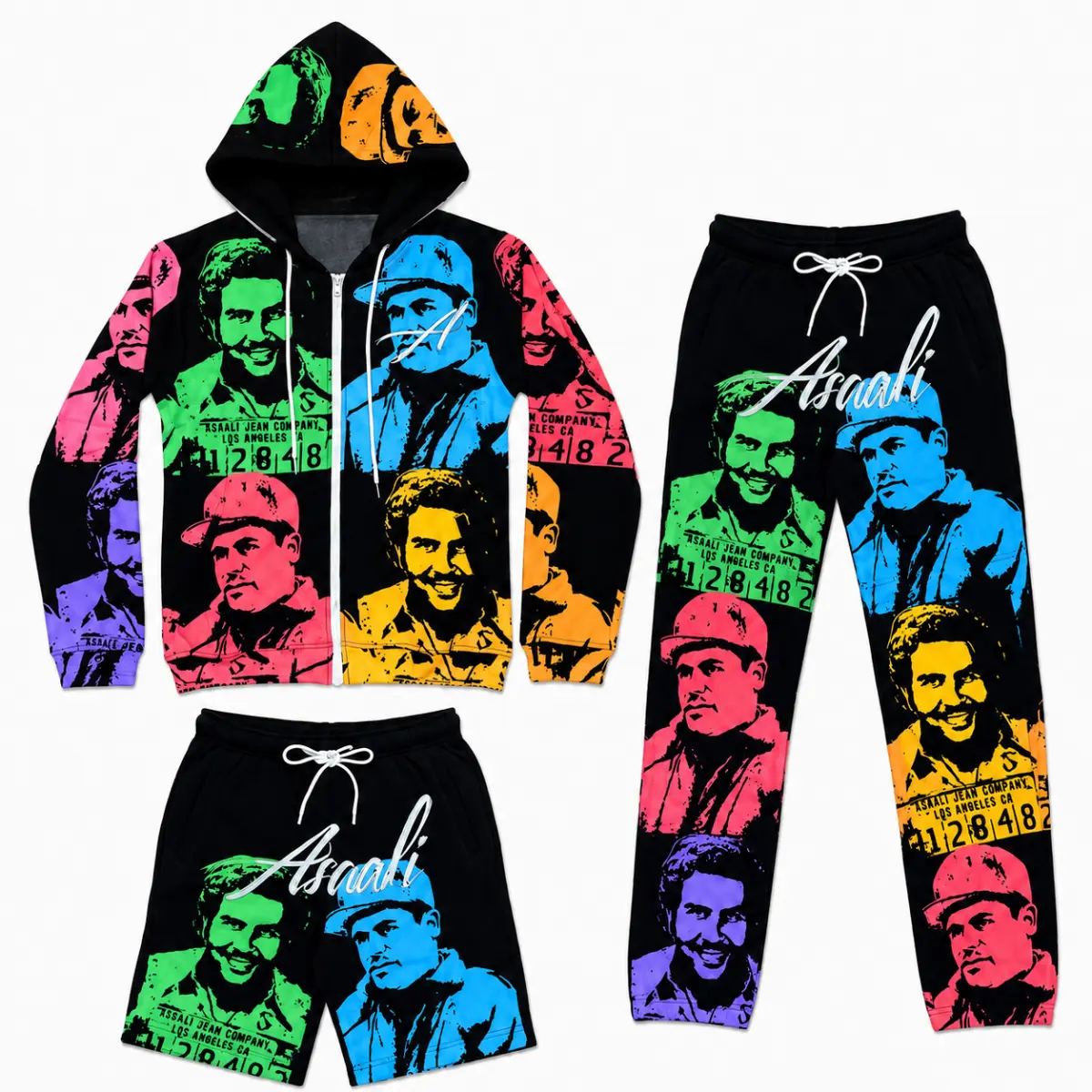 Asaliii Pop Art Mugshot Graphic 3 Piece Tracksuit Set, Zip Up Hoodie Jogger Pants & Shorts, Urban Streetwear Matching Outfit