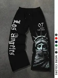 Men's Casual Loose-Fit Graphic Sweatpants, Los Angeles Goddess Pattern, Drawstring Wide Leg Pants, All-Season Men's Clothing