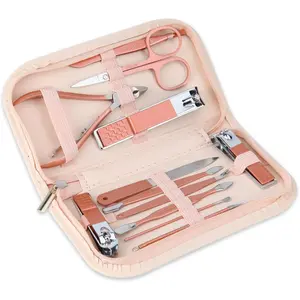 Nail Clippers and Beauty Tool Portable Set, Rose Gold Martensitic Stainless Steel Manicure Set 12 in 1, with Pink Leather Bag, Suitable Home Cutics Pedicure Kit