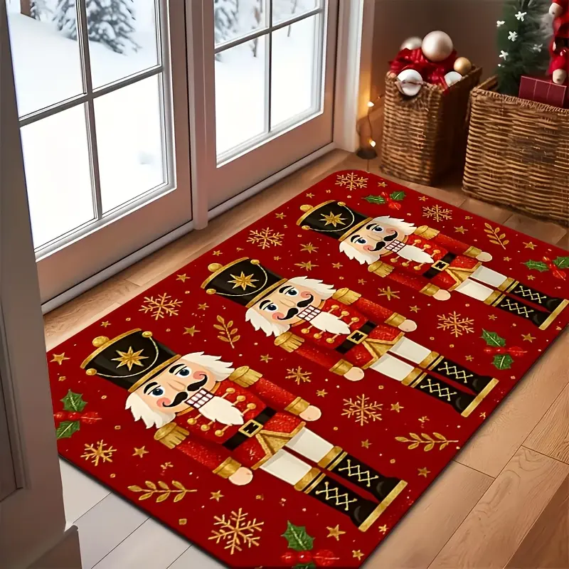 Merry Christmas Nutcracker Soldier Pattern Door Mat, Flat Printed Entrance Rug for Welcome Area, Thick Comfortable Soft Washable Easy to Clean, Practical Indoor Outdoor Home Decor Mat, Suitable for Kitchen, Bathroom, Bedroom, Study, Living Room