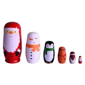 6pcs Russian Style Matryoshka Wooden Hand-Painted Christmas Gifts, Cute Winter Cartoon Decorations, Festival Presents