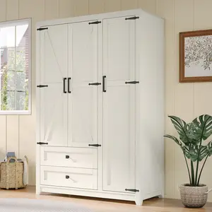 [Ships in 2 Boxes] AMERLIFE Farmhouse 3 Door Wardrobe Closet with 2 Drawers & Hanging Rod, 47" Large Armoire Storage Cabinet with Adjustable Shelves, Freestanding Clothing Organizer for Bedroom