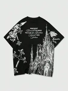 1pc Men's Black Gothic Cathedral Graphic T-Shirt Vintage Cherub Angel Print Heavyweight Cotton Oversized Short Sleeve Dark Aesthetic Opium Style Tee
