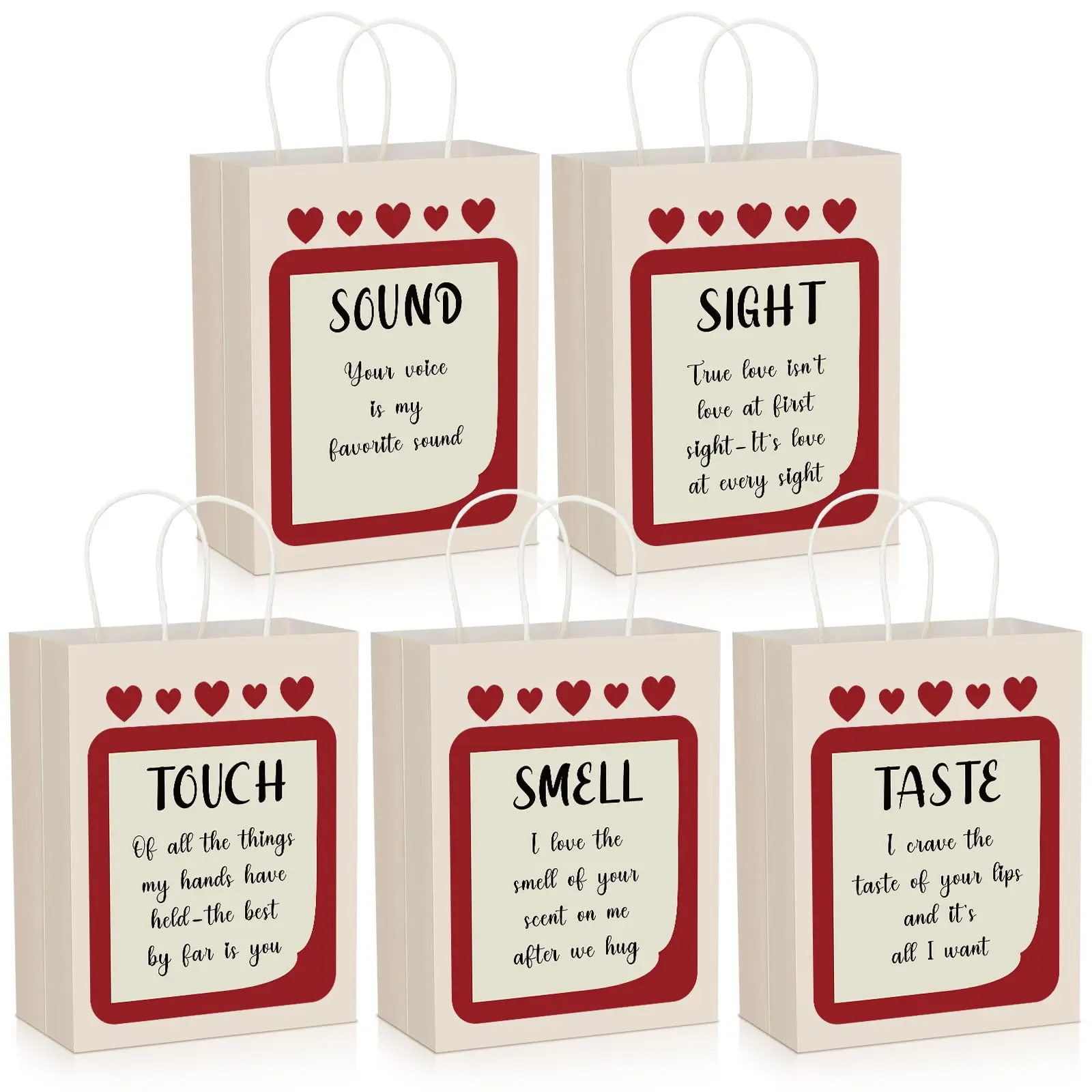 Mother's Day 5 senses Gift Bags for Her Sight Smell Touch Taste Sound Goodie Bags Paper Gift Bags with Handles Love Heart,Present Wrappings for Christmas Galentine Wedding Birthday Mother Day