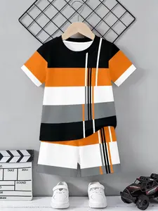 Boys' Short Sleeve Shorts Set, Casual Fashion Style, Fun Pattern, Summer Outdoor Sports Wear, Soft Breathable Comfort, Perfect for Kids