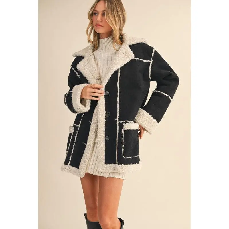 Suede And Sherpa Combo Pocketed Coat