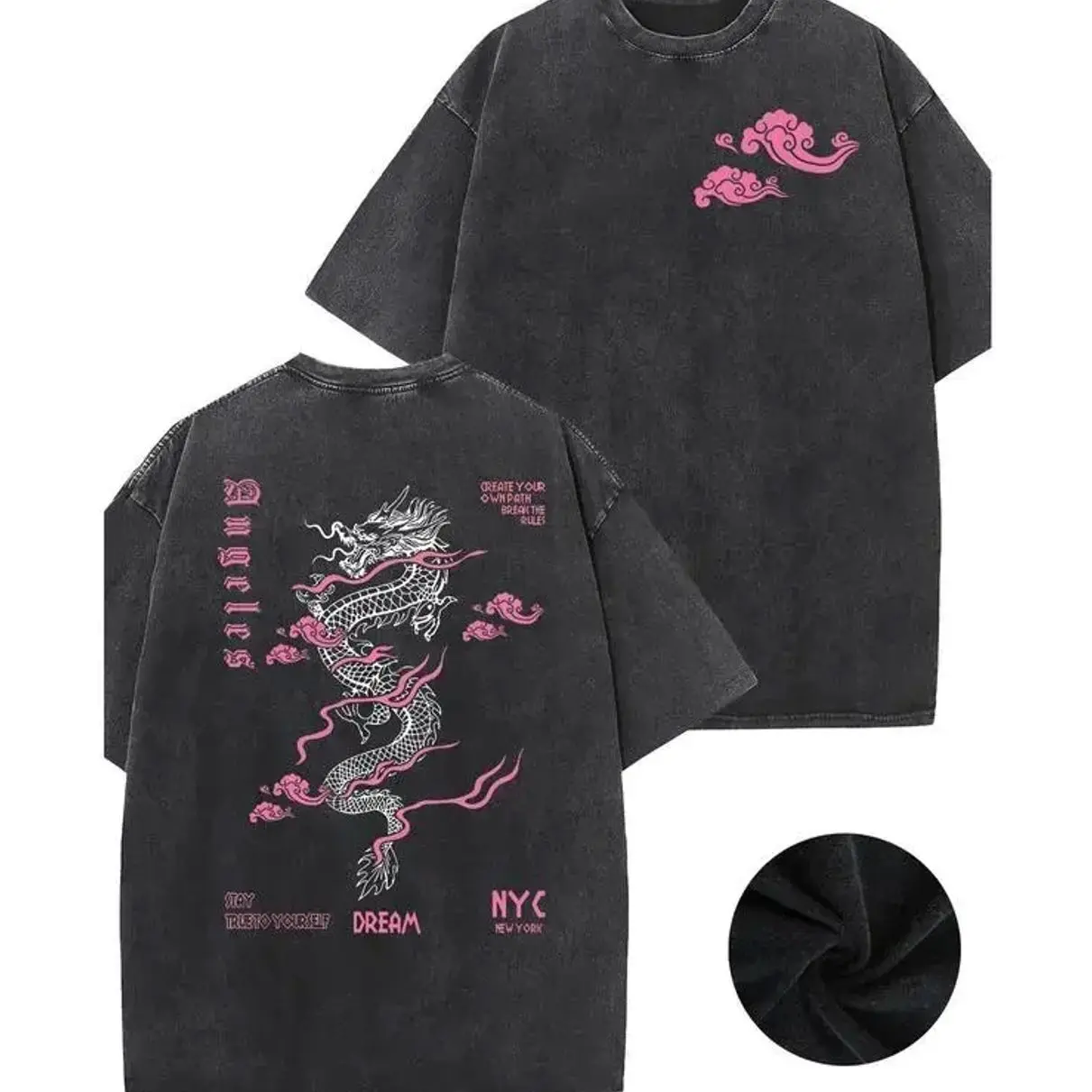 Men's Vintage Round Neck T-shirt - Distressed Chinese Dragon Graphic, Double-Sided Print, Breathable Cotton Top for Casual Summer Wear EQW