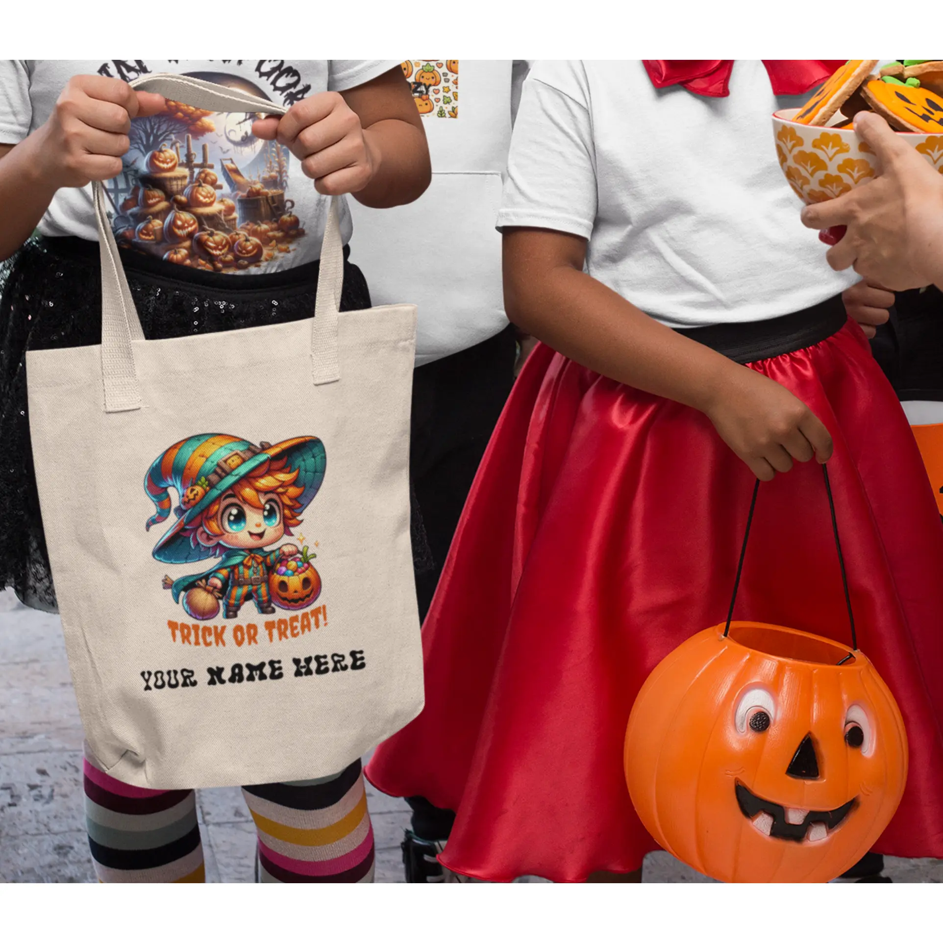 cute Halloween candy canvas Tote Bag, Trick or Treat spooky Candy Pumpkin Bucket, Personalized Halloween trick or treat Canvas Bag, Kid Friendly Halloween Gift, Halloween Costume Accessory, Halloween party favor candy bag