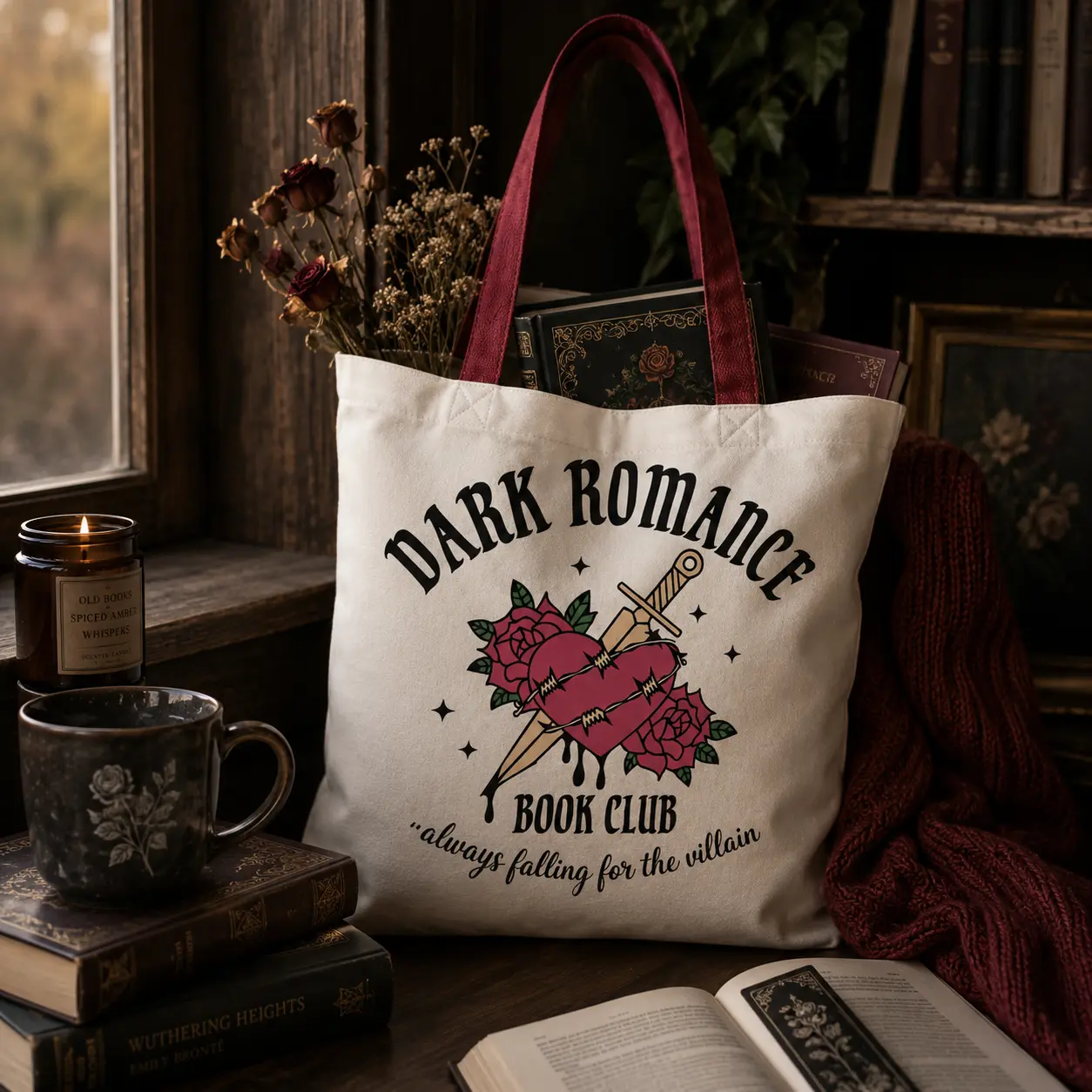 Dark Romance Book Club Canvas Tote Bag for Women – Book Lover Shoulder Bag, Bookish Reader Gift, Romance Novel Book Bag for Library, Bookstore & Everyday Use