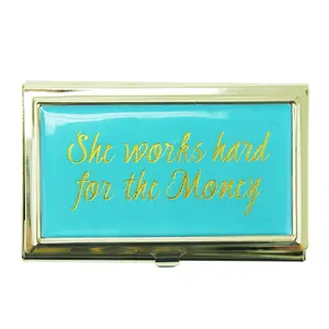 Mary Square Cheeky Quote Business Card Holder - "She Works Hard For The Money" Design, Aqua Office Stationery for Card Storage