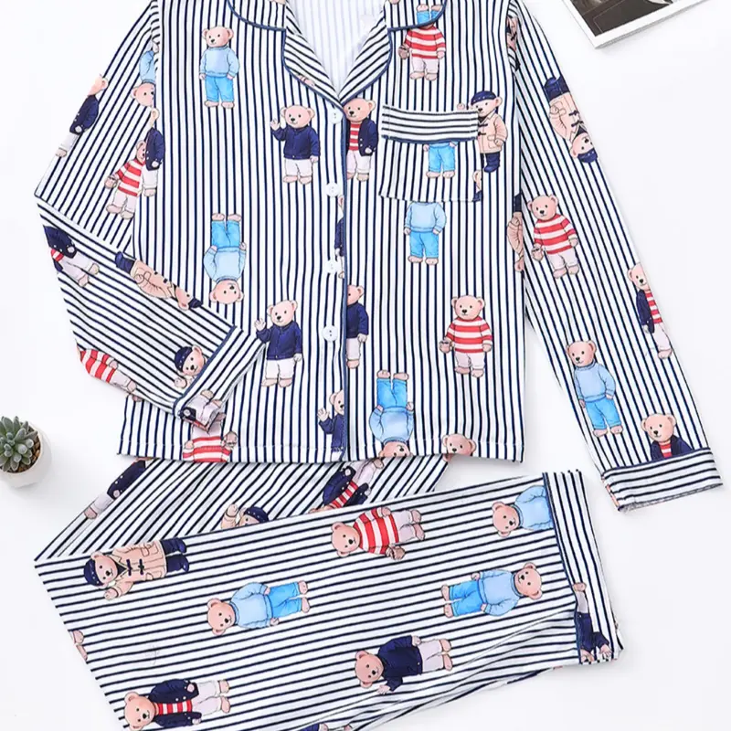 Women's Fall/Winter Printed Pajama Set, Cute Bear Print Striped Stripe Comfortable Fitted Long Sleeve Lapel Top With Pockets & Elastic Pants, Ladies Casual Homewear Loungewear Sleepwear Pjs Womenswear