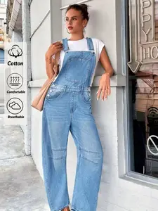 Women's Simple Casual Dungarees, Fashionable and Comfortable, Denim Bib Overalls Barrel Leg Jumpsuit With Adjustable Straps & Pockets, Versatile for All Seasons, Street Style, Trendy and Cozy