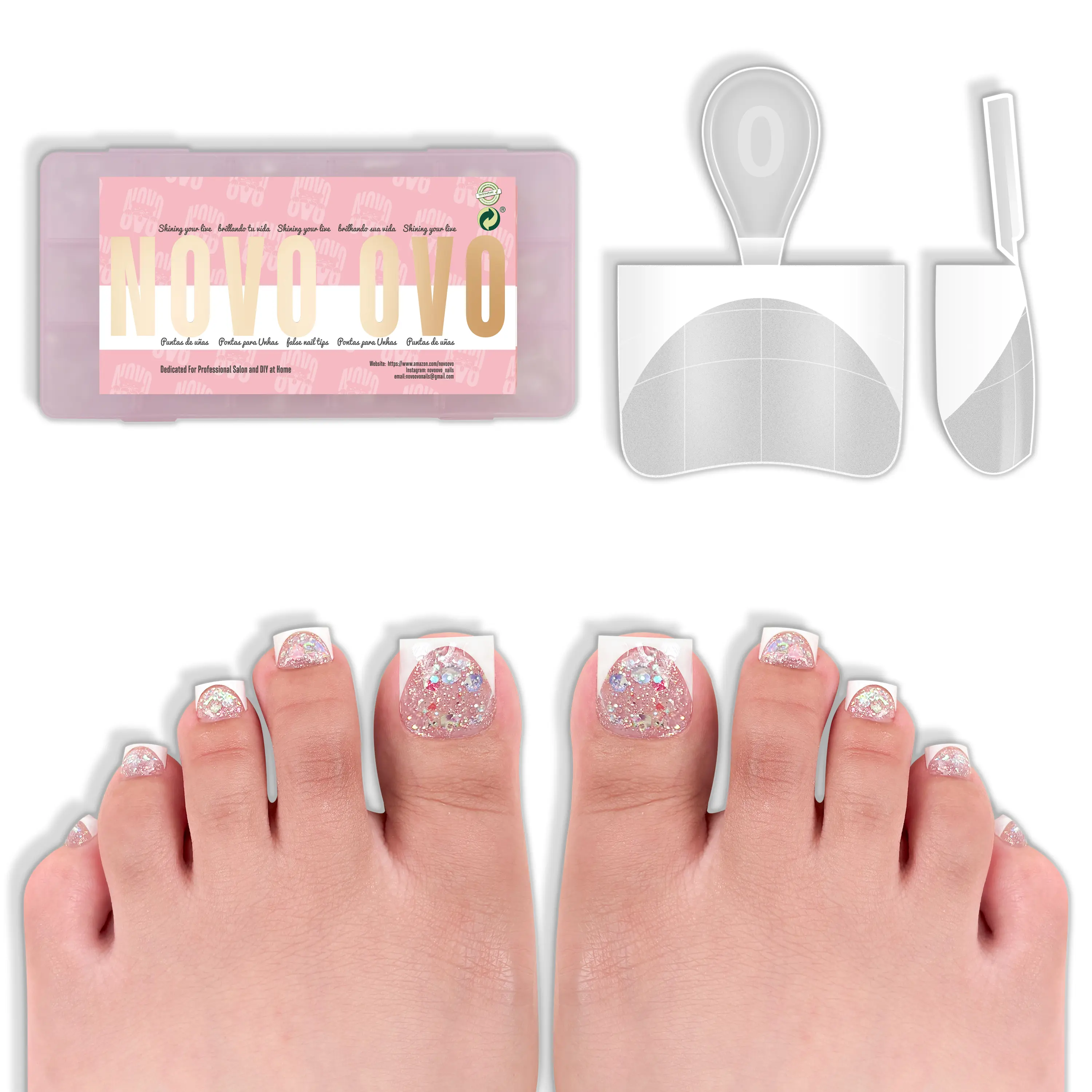 NOVO OVO Half Cover Toe Nail Tips Deep Curve White French, Clear Soft Gel with Auxiliary Line for Fake Toenail Extension, Sharp Square Medium Wide for Women Men Acrylic Pedicure, 15 Sizes 240 Pcs