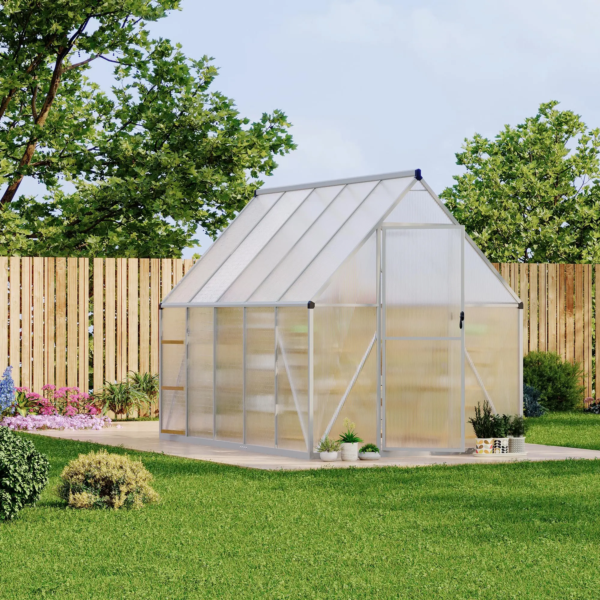 Gaomon 6x9 ft Large Size Ventilated Polycarbonate Greenhouse with Aluminum Frame, Quick Setup Walk-in Outdoor Furniture Greenhouse
