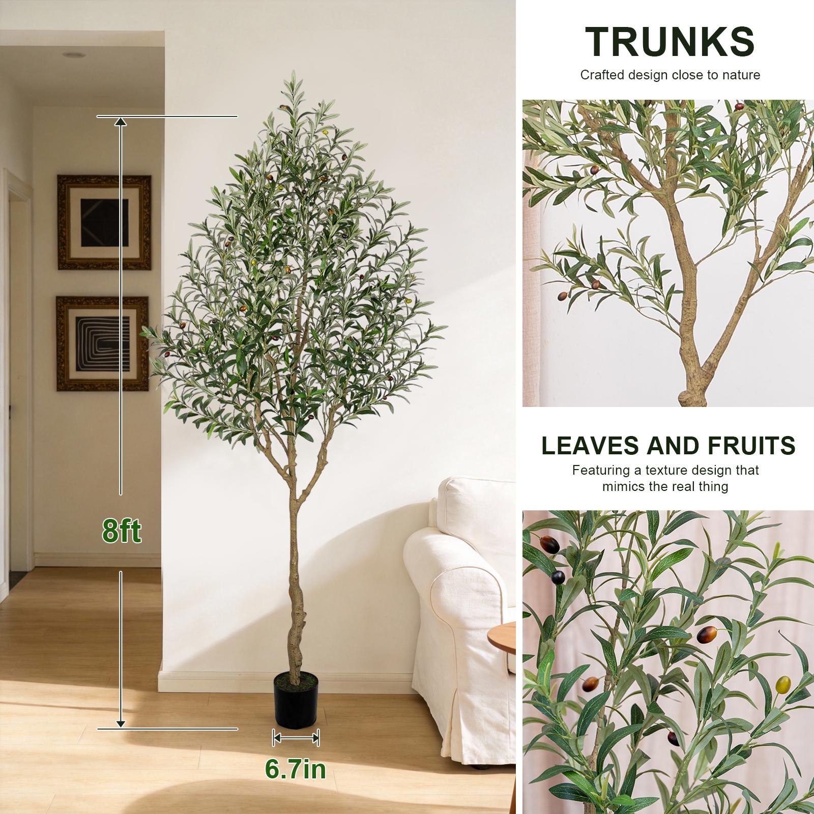 Includes Black Plastic Planter ！！！— 6ft / 7ft / 8ft Indoor Artificial Olive Tree  84-Inch Lifelike Faux Olive Tree with Fruit  Potted Artificial Tree for Home and Office Decor.