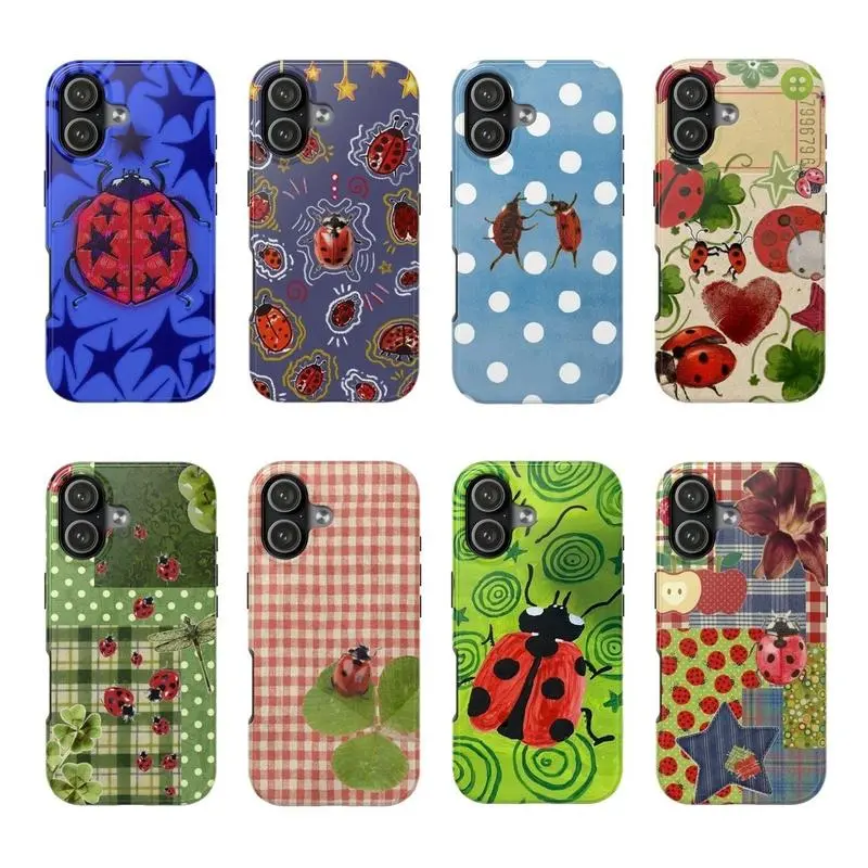 8 Ops Ladybug Star Pattern Tough Phone Case, Striped Mix Polkadot Case Cover with Iphone 17 16 15 14 13 12 11  promax