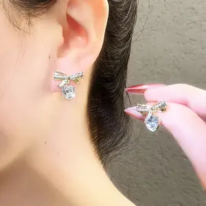 Premium Korean Style Earrings for Women, Trendy Shiny Zircon Bowknot Unique Ear Accessories Stud Earrings