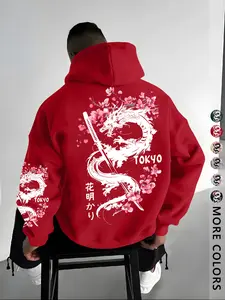 Unisex bestseller Fall Winter Fleece Loose Hoodie Layer, Menswear Sweatshirts, Japanese Dragon, Cherry & Sakura Print, Long Sleeve Casual Comfort, Streetwear Y2K Gothic Style, Men's Gift, Couple Matching