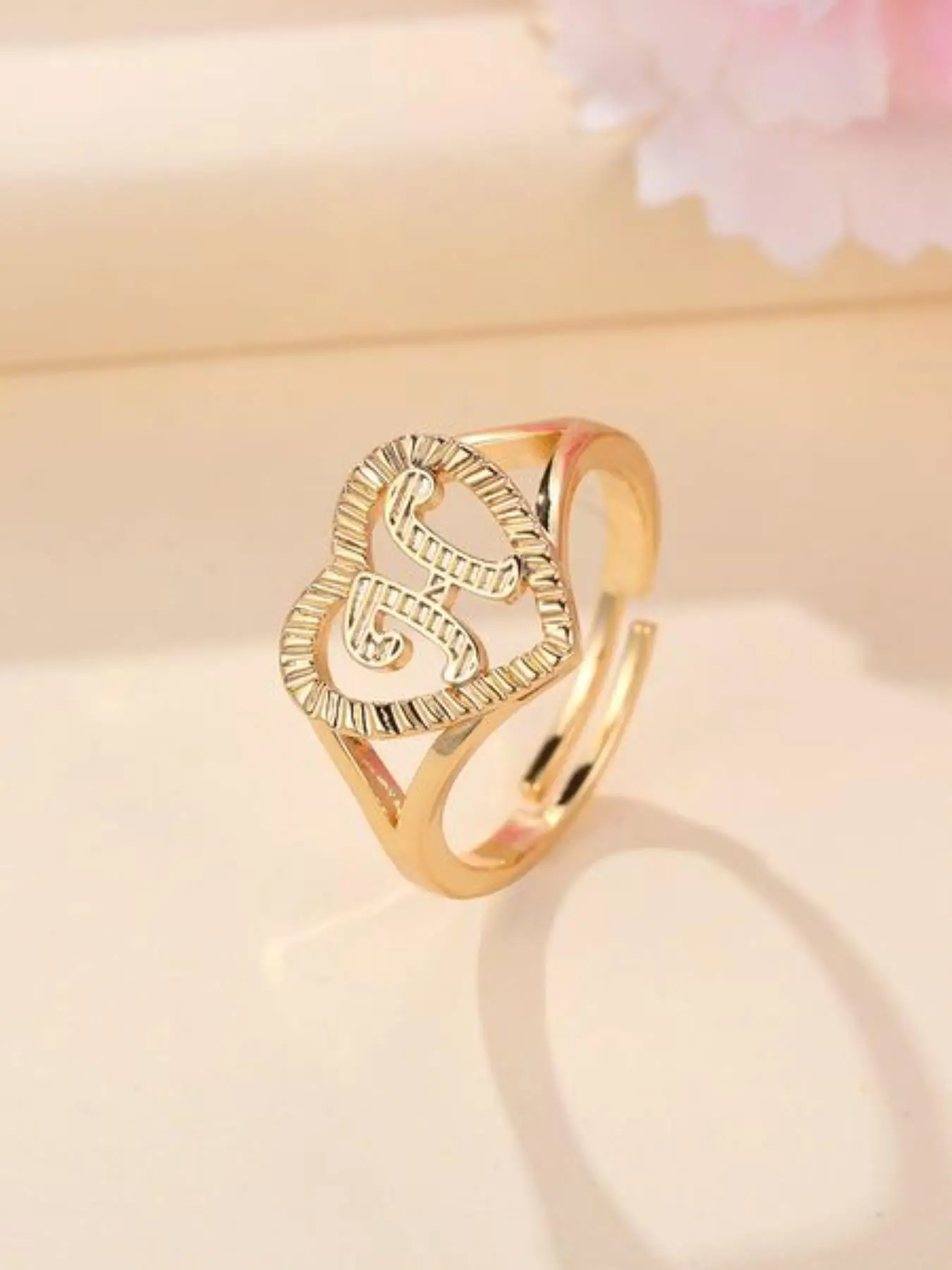 Fashion Heart Shaped Hollow Out Letter Design Cuff Ring, Texture Metal Decor Ring, Fashion Accessories For Women & Girls