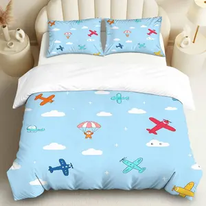 3PCS Duvet Cover Set, 1 Duvet+2 Pillowcases(Without filler), Airplane Cloud Parachute  Sky theme, Halloween bedding set, Soft Cozy Breathable Suitable for decoration Bedroom Lounge Guestroom.