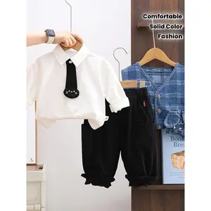 (New)Boys' Spring/Autumn Plaid Denim Vest 3pcs Set!Solid Color Shirt  Comfortable Fit Light Boys Casual Outfit, for Outdoor(Gift)11