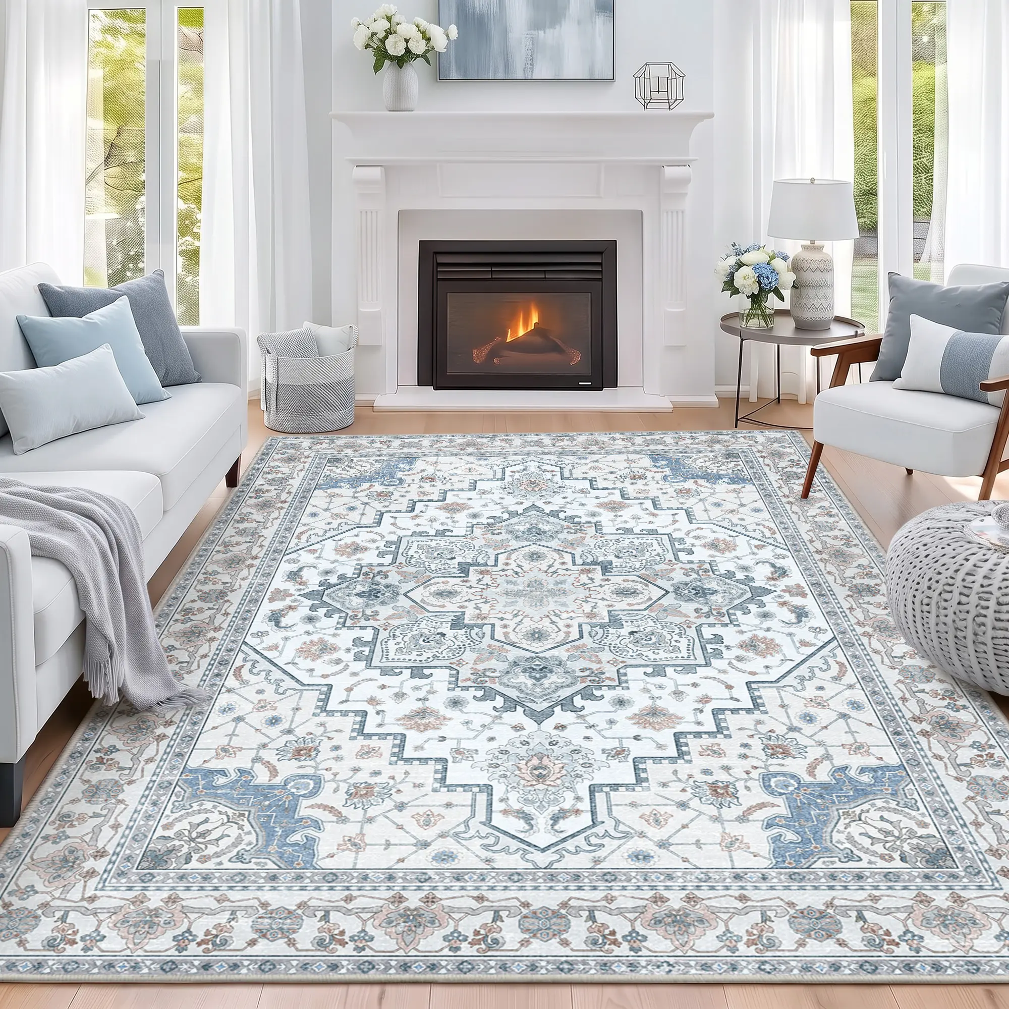 【Back to School】【Dorm Essentials】EIKIONE Bohemian Washable Rug Non-Toxic Soft Anti-Slip Vintage Boho Area Rug Non-slip Modern Home Decor 4x6-8x10 Waterproof Stain-Resistant Easy Clean Geometric Boho Decor for Bedroom Living Room Nook US Fast Shipping