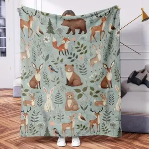 Forest Animals Blanket - Soft Lightweight Flannel Throw with Deer, Bears, Foxes & Birds - Teal Green & Brown Woodland Creatures Design, All-Season Cozy Bedspread for Couch, Bed, Cabin Decor - Contemporary Rustic Home Accent, Cute Deer Blanket Gift