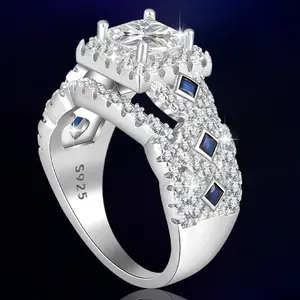 3CT Princess Cut Halo Ring with Blue Gems Band, S925 Sterling Silver Jewelry Ring with 5A Cubic Zirconia, Engagment Ring for Women, Bridal Ring & Vintage Anniversary Wedding Gift for Her