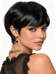 Black short wig Synthetic high-temperature-resistant fibers Adjustable rose net cap Straight-cut women's Bob hairstyle With bangs Multiple colors are available for selection Suitable for daily wear Gift for ladies Party and gathering Role-playing-6inches