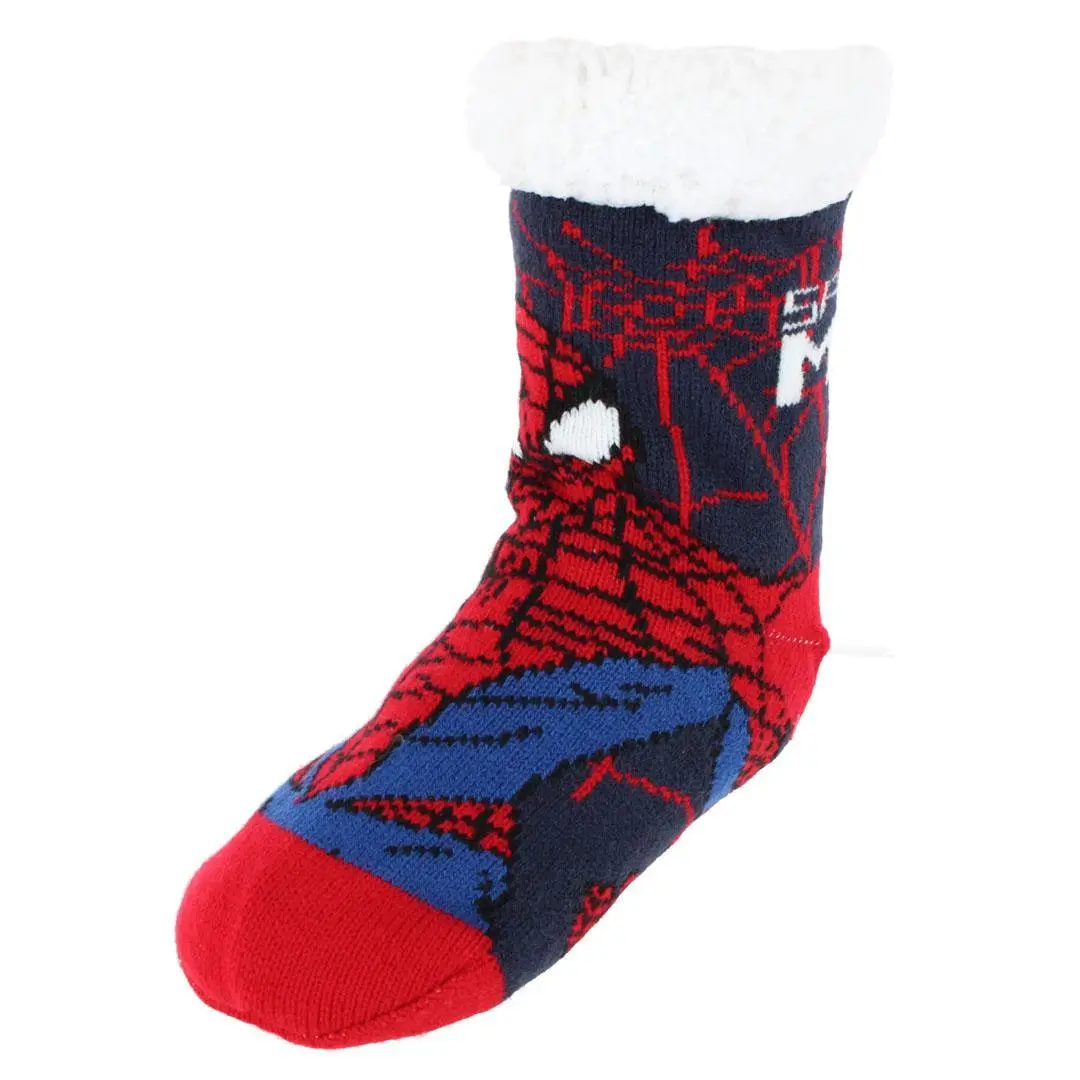 Textiel Trade Boys' Marvel Spider-Man Slipper Socks, Soft Sherpa Lined Crew with Graphic and Non-Slip Grippers for Warmth