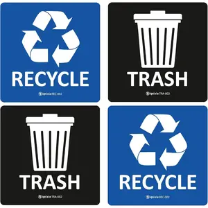 Pack of 02 5 x 5 Inches Self Adhesive Recycle Sign Decals Over Laminated Recycling & Trash Stickers Labels for Trash Can Blue and Black