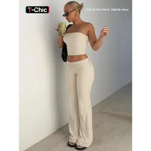 Two-Piece Set Women's Solid Basic Crop Strapless Fitted Tube Top & Foldover Waist Flare Leg Pants, Casual Fashion Cozy Outfits for Daily Outdoor Wear, Ladies Clothes for Summer