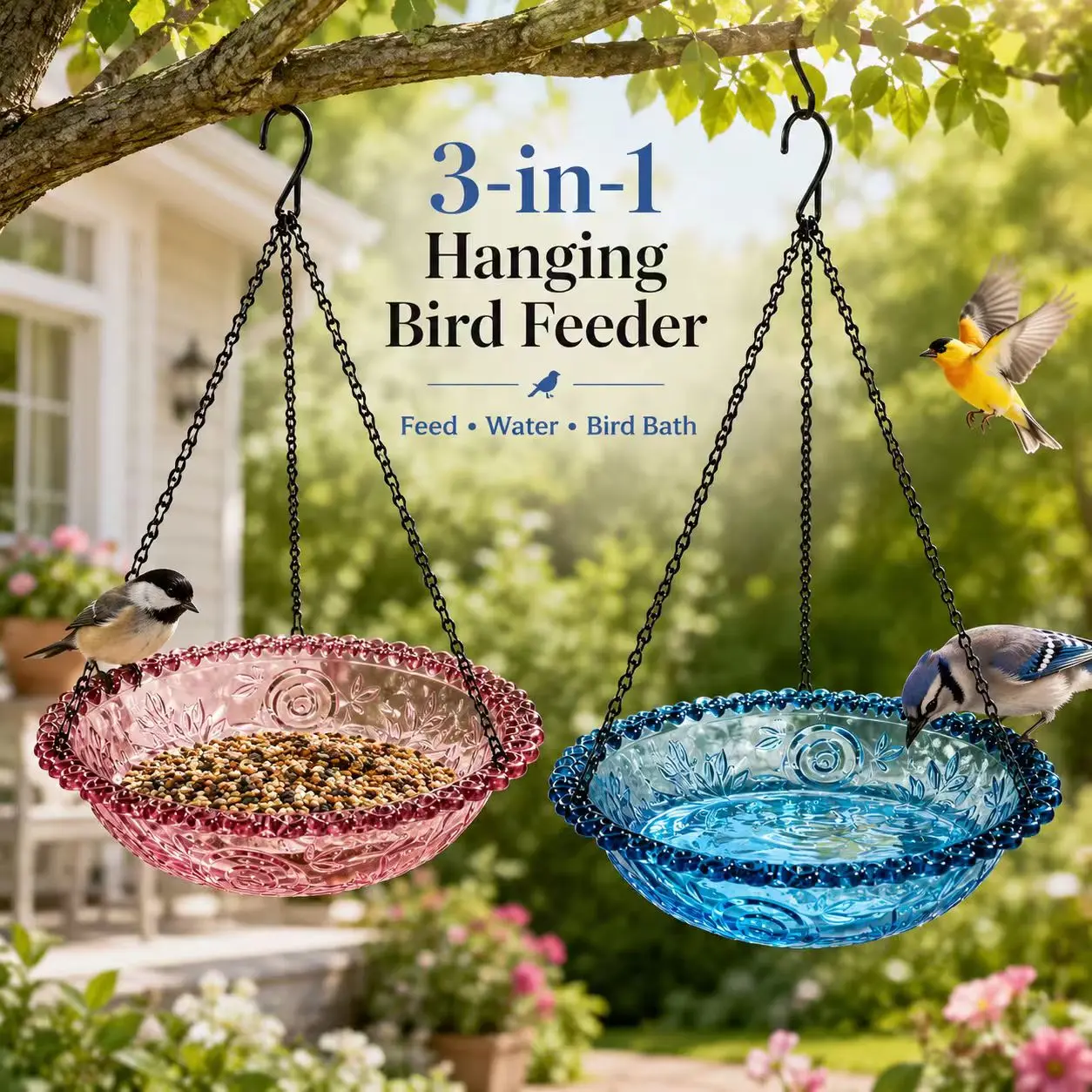 3-in-1 Hanging Feeder & Bath Station, Outdoor Food & Water Bowl with 3-Chain Hook, Decorative Wild Bird Supply for Garden Patio Porch, Blue/Pink