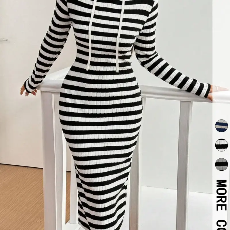 Women's Lace Bodysuit with Hood, Casual Striped One-Piece Jumpsuit, Slim Fit Long Sleeve Romper, All Seasons Wear, Fashion, Chic, Womenswear, Lady, Fabric