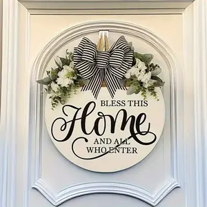 Round Wooden Welcome Sign for Front Door, 11.8 Inch Rustic Farmhouse Decor, Fabric Hanging Decoration with Faux Flowers for Indoor Outdoor Use, Home Decor Ornaments