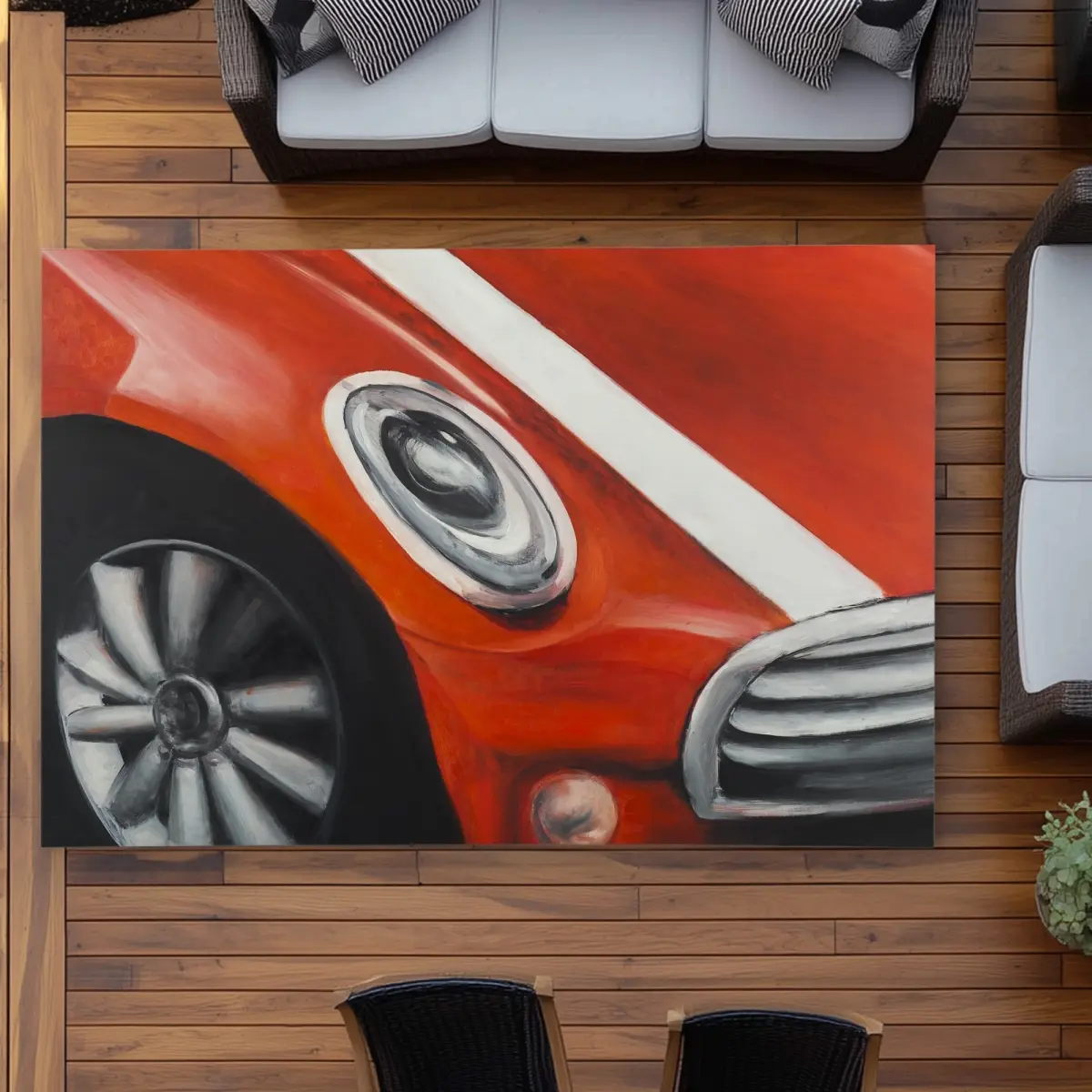 Begin Home Decor C1ROAR57IVCECA 5 x 7 ft. Red Car with White Stripes Closeup - Contemporary Gray Rug - Rectangle