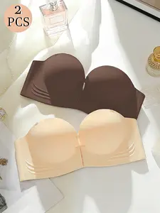 2-Pack Invisible Seamless Bra, Wireless Strapless Front Buckle, Medium Support, Breathable Smooth Fabric, Summer Wear, Women's Underwear