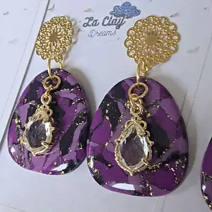 Purple Marbled Design Polymer Clay Earrings with Golden Finds - Dreamy Style Jewelry
