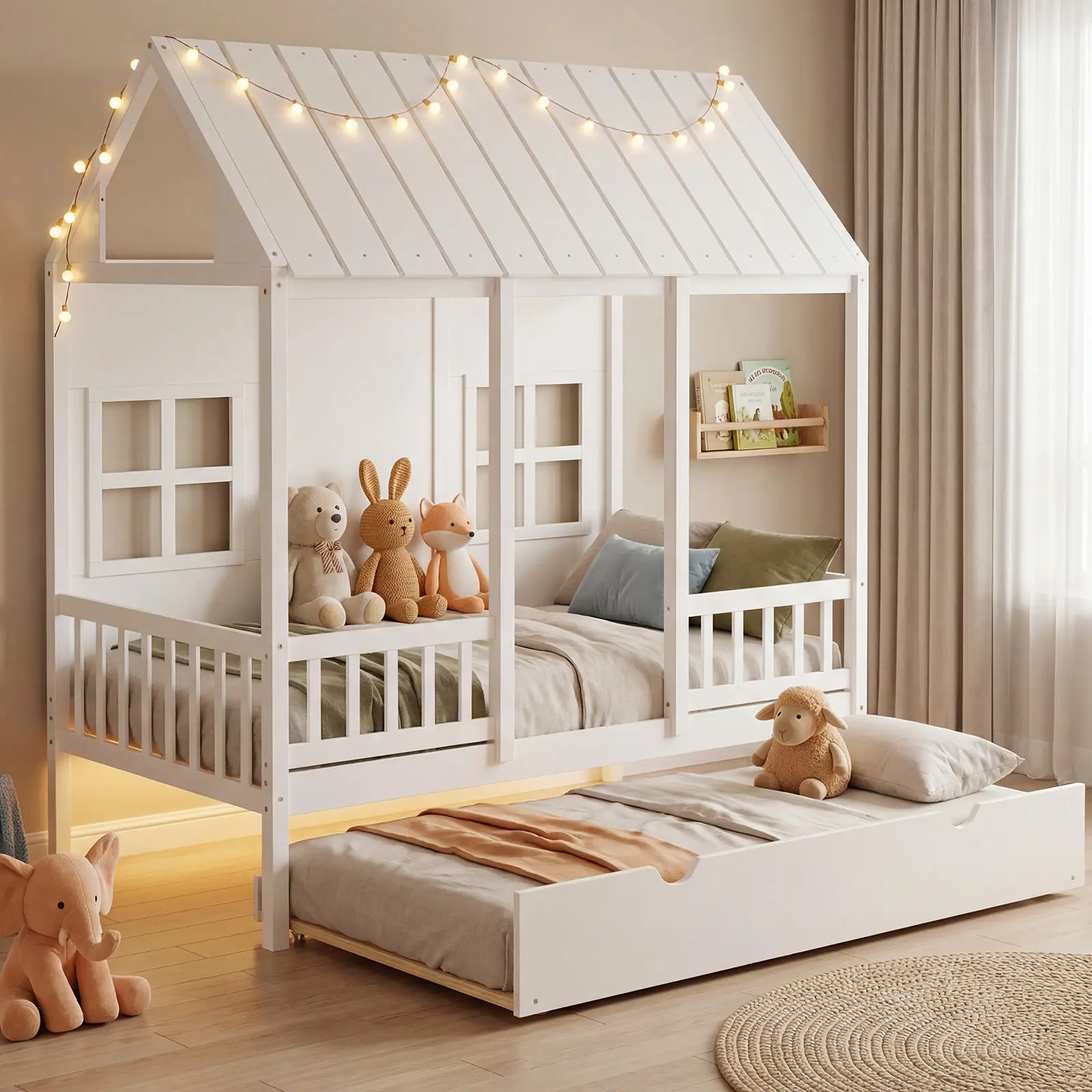 Twin House Bed with Trundle for Sleepovers, Montessori Style Floor Bed with Guardrails & Open Roof, Solid Wood Frame 310lbs Capacity, No Box Spring Needed, for Kids Toddlers Teens