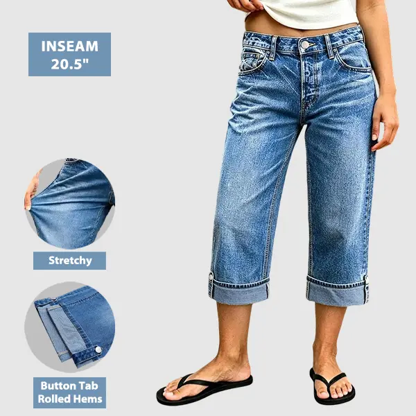 Flamingals Wash Button Tab Roll Hem Mid Waist Straight Leg Capri Jeans Womenswear Stretchy 20.5" Inseam