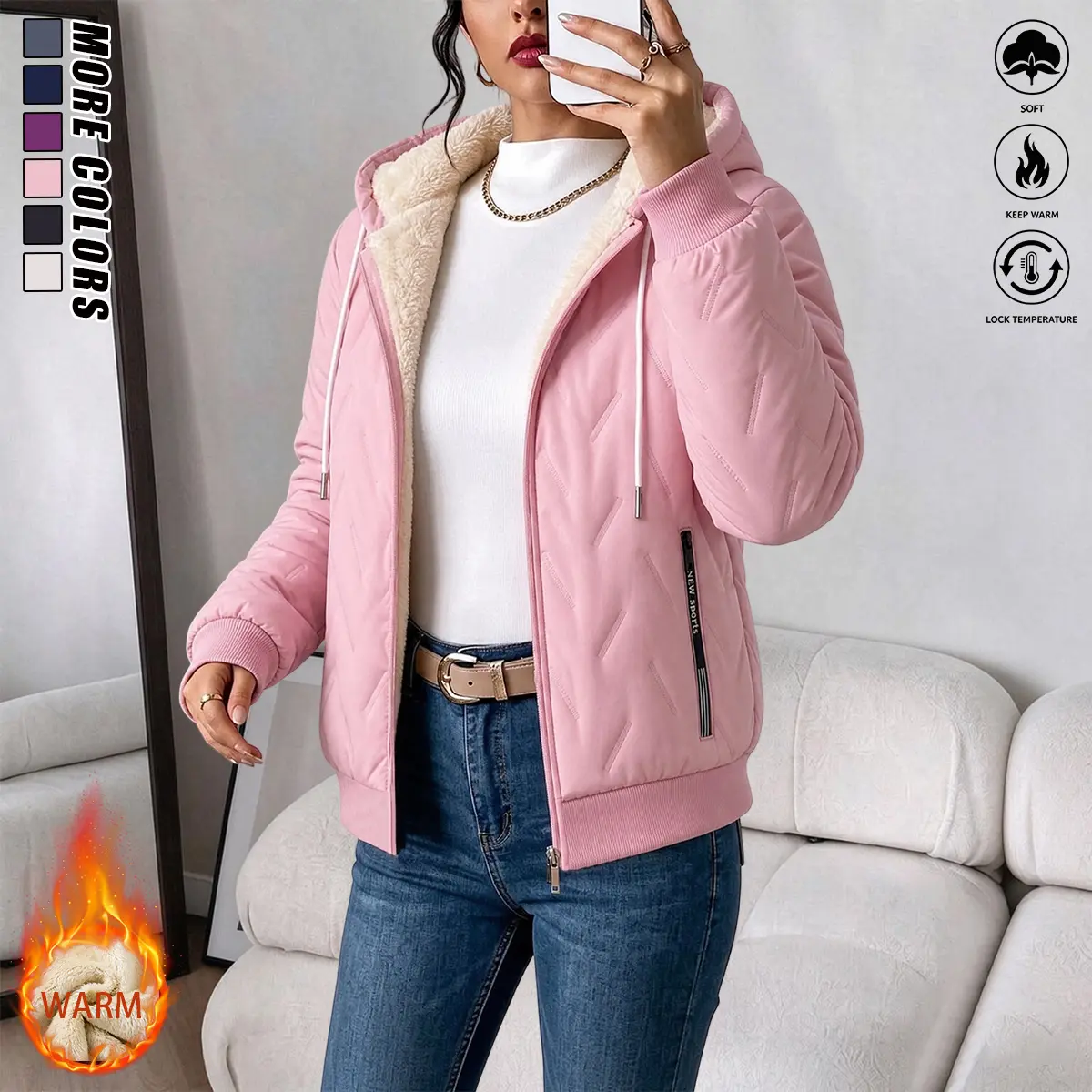 Women’s Hooded Quilted Jacket, Full Zip Sherpa Fleece Lined Coat, Warm Insulated Outerwear, Drawstring Hood Casual Winter Jacket for City Commuting & Shopping Trips