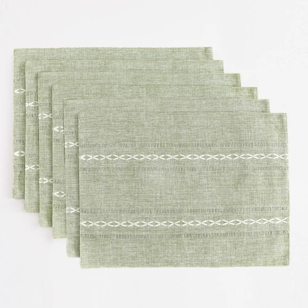 Boho Hemstitched Sage Green Cotton Linen Rectangle Placemats Set - 6-Piece, 12x18 in Indoor Tableware, Heat Resistant for Kitchen Dining Table, Rustic Dining Table Mats, Boho Placemats Set