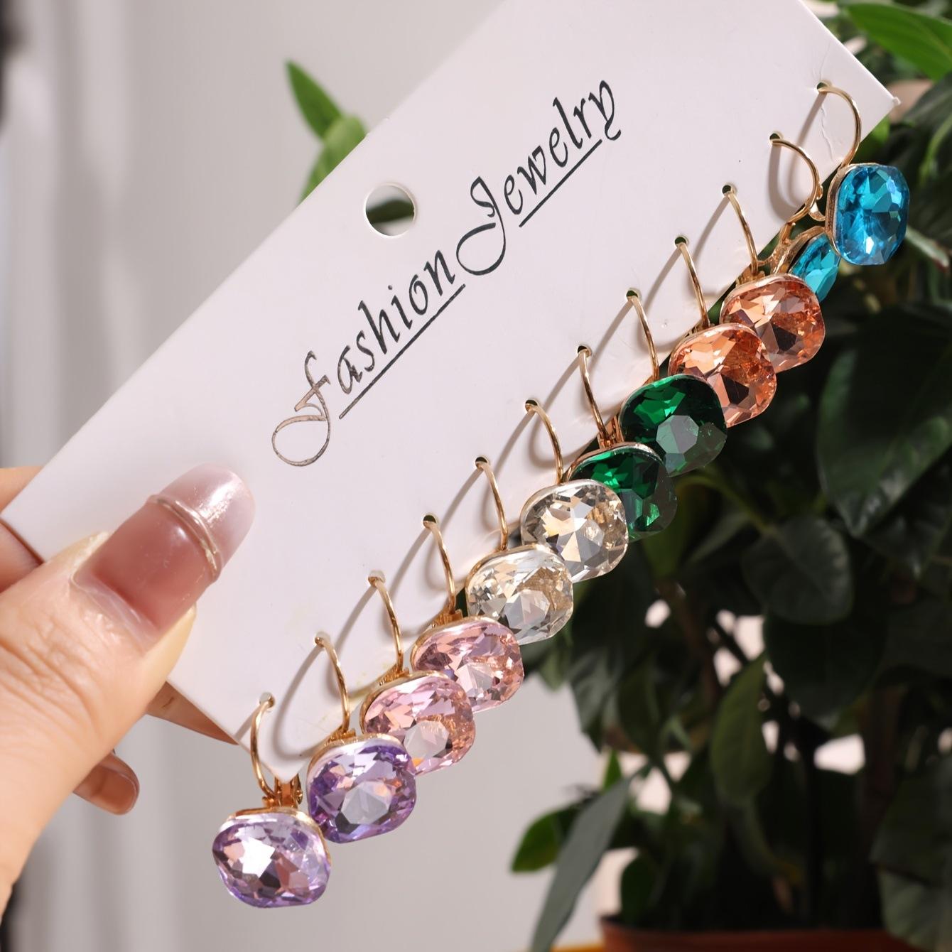 New jewelry square-shaped colorful diamond-studded earring set, light luxury and high-end feel, gorgeous geometric alloy earrings